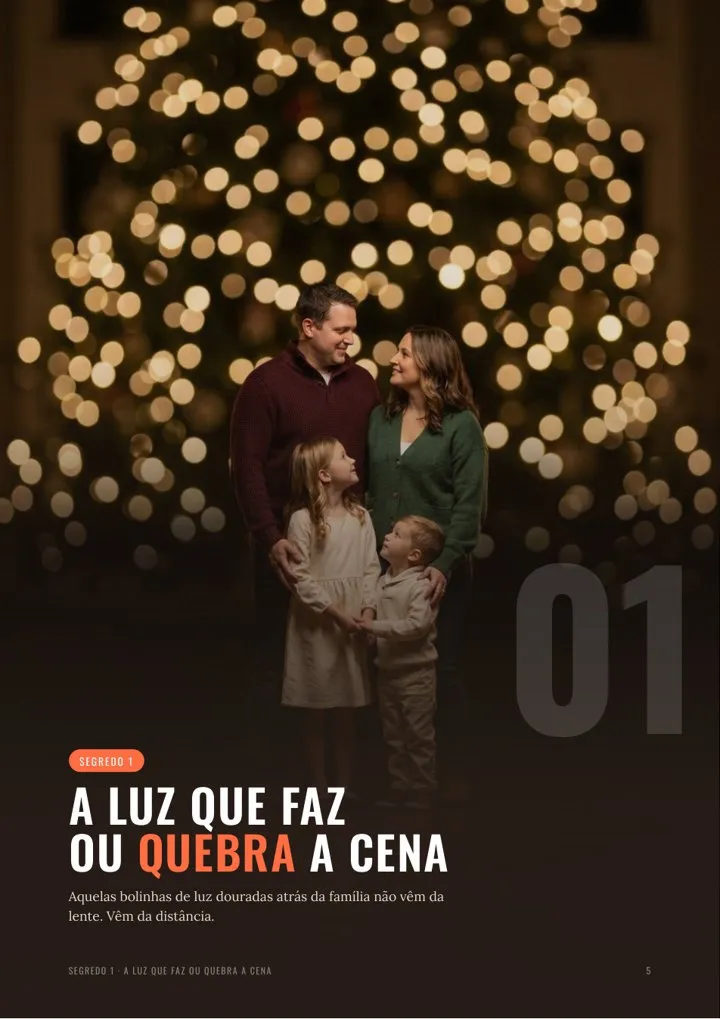 Página do capítulo de luz mostrando bolhas de luzinha desfocadas atrás da família